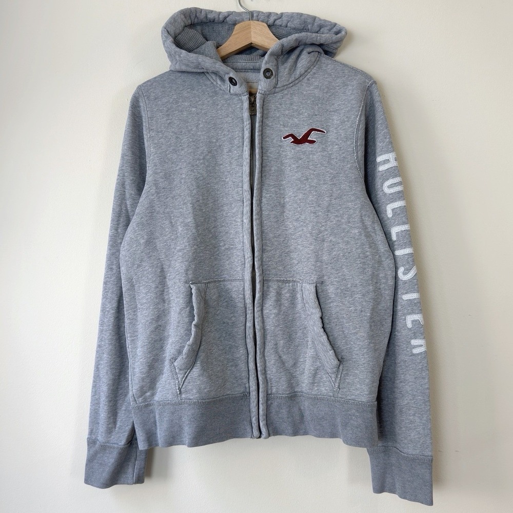 Hollister Mens Logo Grey Full Zip Up Hoodie Sweatshirt - Medium
